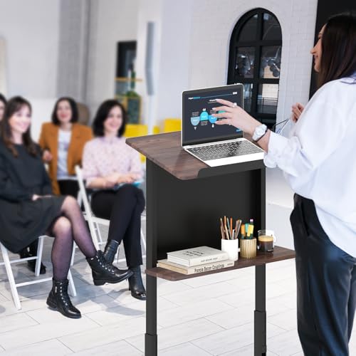 Tangkula Walnut 3-Position Height Adjustable Rolling Podium/Lectern with Tilted Tabletop