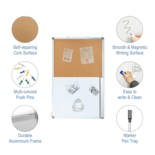 36x24 Inch Magnetic Whiteboard & Cork Bulletin Board Combo - Wall Mount Office Home School Organizer