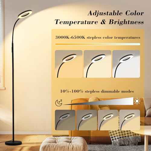 LED Floor Lamp, 12W/1000LM Reading Light, 3 Color Temperatures Bright Floor Lamp, Adjustable Gooseneck Standing Lamp with Remote & Touch Control for Living Room, Bedroom, Office(Black)