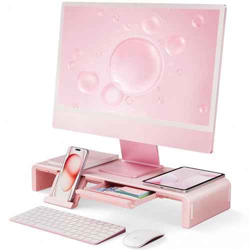 Pink Monitor Stand Riser, Klearlook Foldable, Height Adjustable Computer Stand, Desk Shelf Riser with Storage Drawer &Tablet Phone Stand for Desktop, Laptop
