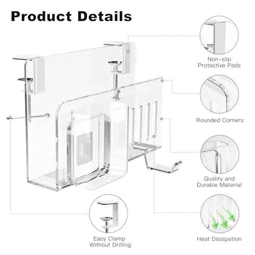 Acrylic Desk Side Storage,Under Desk Laptop Holder Storage Clamp on desk shelf,With Pen Holder and Headset Hook,Clear Desk Side Hanging Organizer accessories (transparent)
