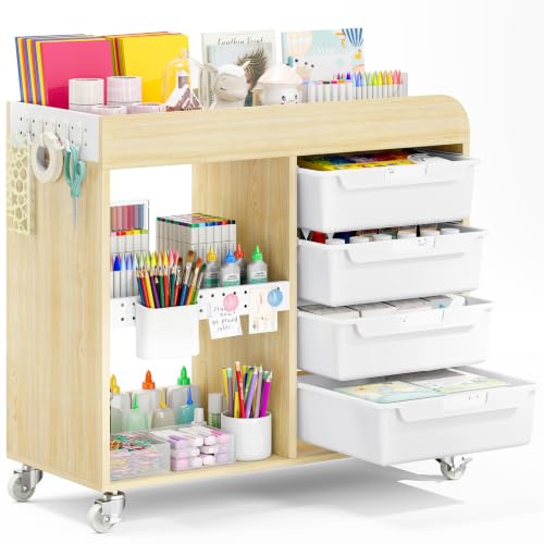 SYKIARIOL White 4-Drawer Rolling Craft Cart with Labels & Hooks