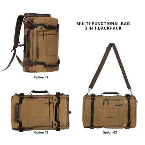 KAUKKO Canvas Travel Backpack Multi-Functional Bag Fits 17" Laptop, Large Capacity Hiking Backpack, Outdoor Casual Daypack KHAKI,23.8L