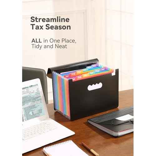Accordion File Organizer 12 Pockets, Monthly Bill Receipt Tax Organizer, Expanding File Folders with Larger Bright Tabs, Fits Letter/A4 Size - Black