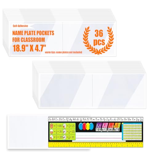 36 PCS Waterproof Self-Adhesive Clear Nameplate Pockets 18.9x4.7 Inches for Desks & Classroom