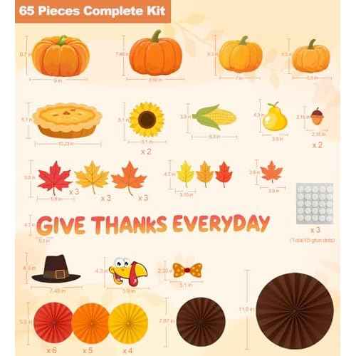 Aovaely 65 PCS Thanksgiving Bulletin Board Decorations, 3D Turkey Paper Fans Give Thanks EveryDay Paper Cutouts Pumpkins Maple Leaves November Thanksgiving Party Decorations for School Home Office