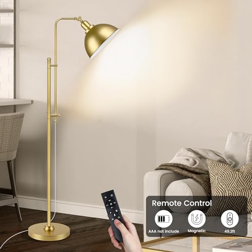 PARTPHONER Industrial Floor Lamp Adjustable, Rustic Farmhouse Reading Lamp in Aged Gold Finish, Modern Standing Lamp with Remote Control Metal Shade for Living Room Bedroom Study Room Office Hotel