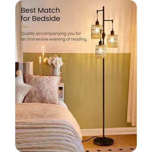 Dimmable Floor Lamp, Farmhouse Tall Standing 70.3" Tree Lamp with 3 Rope Woven Lampshades, Boho Rattan Floor Lights, 4W 3 LED Bulbs Included, for Living Room, Bedroom, Study, Office B03LD05