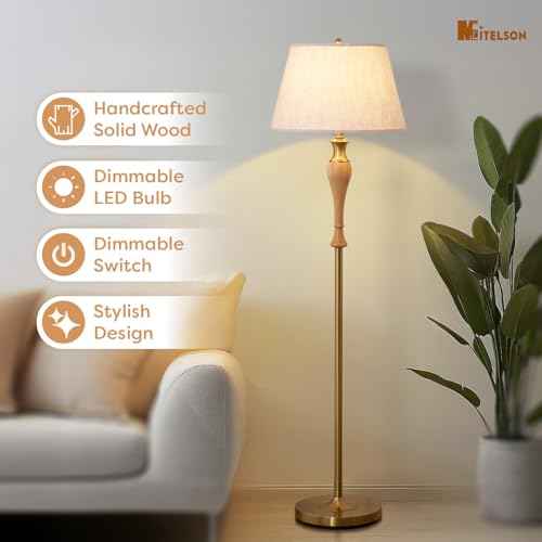 Floor Lamp, Mid Century Lamp with Fabric Shade, Modern Standing Lamp with Dimmer Switch and Bulb for Living Room, Rustic Retro Tall Lamp for Bedroom and Office, Home D?cor