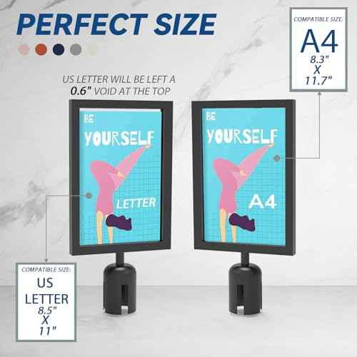 2 Pcs Stanchion Sign Holder 8.3 x 11.7, Portrait Post Top Stand Poster Display, Double Sided Sign Frame with Cover for Crowd Control Queue Barrier Sentry Stanchions Black Iron