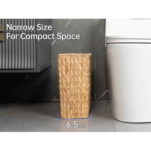 3 Gallon Wicker Trash Can,Small Bathroom Trash Can with Lid,Natural Water Hyacinth Wicker Waste Basket for Bedroom,Toilet,Narrow Garbage Can with Removable Liner