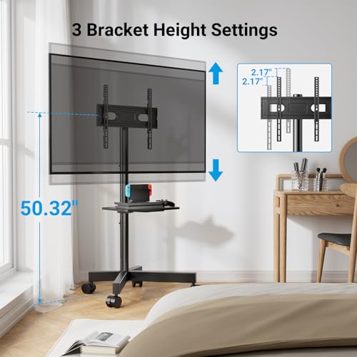 PERLESMITH 23-60 Inch Mobile Rolling TV Stand with Tilt, Lockable Wheels & Shelf