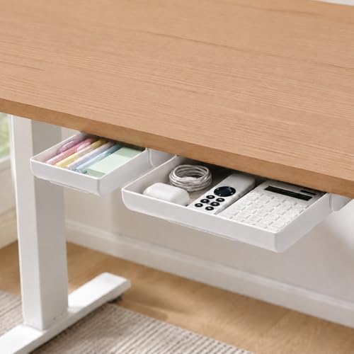 YOOUSOO White Under Desk Drawer Organizer 2 Pack - Small & Large Self-Adhesive Storage Drawers for Office & Home