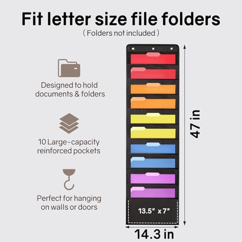 SUNEE 10-Pocket Hanging Wall File Organizer Black Space Saver Office Classroom
