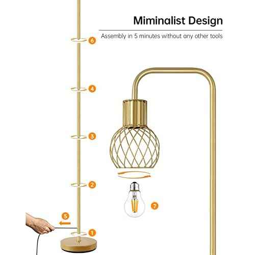 Brass Gold Standing Floor Lamp for Living Room - Modern Industrial Design with 6W LED Bulb, Foot Switch, Metal Tall Stand, Minimalist Farmhouse Boho Style for Bedroom & Office