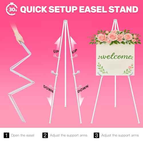3 Pack White Easel Stand for Sign & Poster - 63" Adjustable Metal Easels for Wedding Welcome Sign, Painting, Canvas, Art Display - Portable Folding Tripod with Carry Bag, Holds 5 Lbs