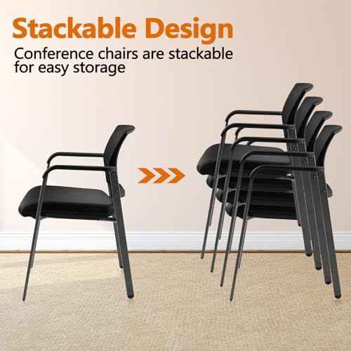 CLATINA Mesh Back Stacking Arm Chairs with Upholstered Fabric Seat and Ergonomic Lumbar Support for Office School Church Guest Reception Black 2 Pack Set