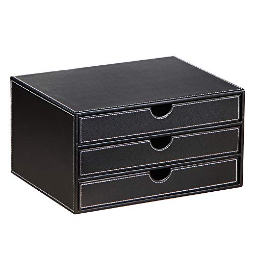 Ayunga Leather Desk Organizer with 3 Drawers, Executive Office Supplies Desktop Filing A4 File Cabinet/Holder,Stackable Storage Box for Jewelry/Bill/Documents/Makeup Home Decor Accessories(Black)