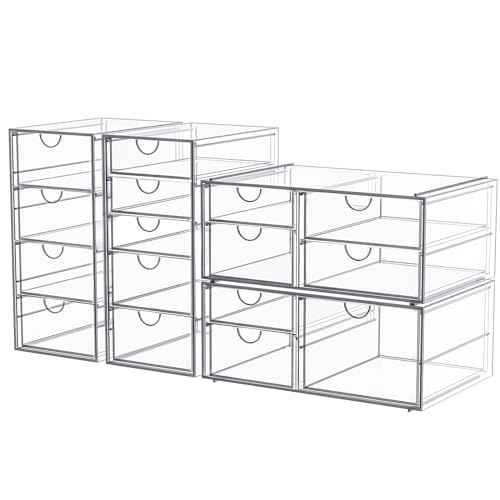 Makeup Organizer Storage With 16 Drawers, 4 Pcs Desktop Office Supplies, Desk Organizers, Clear Accessories, Dustproof Drawer and for Make Up, Jewelry, Pen, Stationary