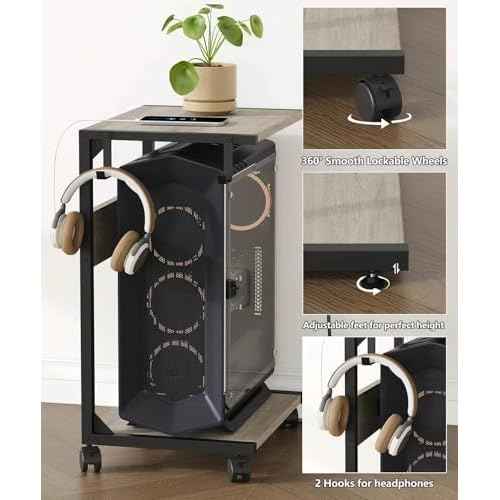 2 Tier Computer Tower Stand with Charging Station, 11.8"D x 16.5"W Rolling Floor PC Tower Stand Fits Under Desk, CPU Holder Cart for Carpet with Hooks, C Shaped End Table for Home Office