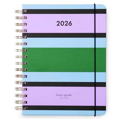 kate spade new york Daily Planner 2026 Large Agenda January-December 2026, Hardcover Weekly and Monthly Spiral Planner with Stickers (Downtown Stripe)