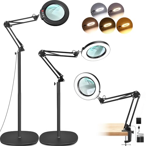 LANCOSC 10X Magnifying Glass with Light and Stand, 3-in-1 Adjustable Swing Floor Lamp, 5 Color Modes Stepless Dimmable, LED Lighted Hands Free Magnifier & Clamp for Reading, Crafts, Painting, Esthetic