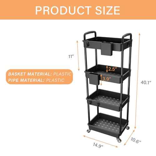 4 Tier Rolling Utility Cart with Handle,REBECAT Utility Cart Made of Multifunctional Storage Organizer Tool for Kitchen,Bathroom,Living Room,Office(Black)