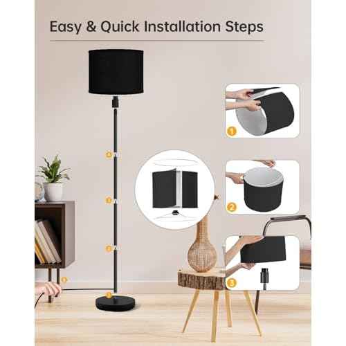 Floor Lamp Black, Standing Lamp, 58" Tall Lamps for Living Room, Simple Pole Lamp with Black Lampshade, On/Off Foot Pedal, Bright Dimming Light for Kids Room Bedroom Office Decor(Without Bulbs)