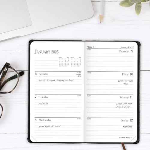 AT-A-GLANCE 2025 Fine Diary, Weekly & Monthly Diary, 3" x 6", Pocket Size, Black Brown (74020525)