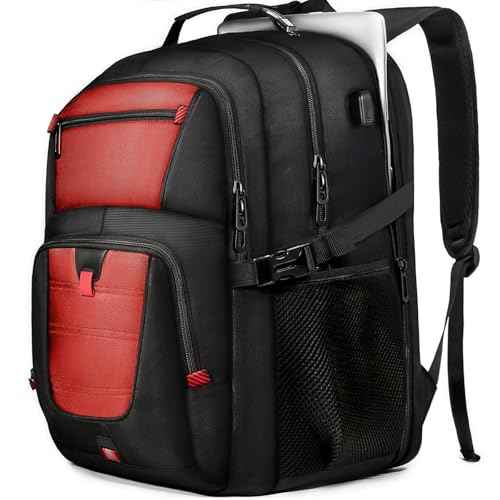 Large Travel Backpack, 50L Laptop Backpack for Men 17.3 Inch, TSA Approved, Heavy Duty with USB Charging, Anti Theft for College Business Work, Red