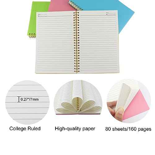 Spiral Notebook Journal,5.5" x 8.5" Plastic Hardcover College Ruled Notebook with 4 Colors,80 Sheets / 160 Pages Per Journal for Work,Study and Notes (light green,light blue,yellow,pink).
