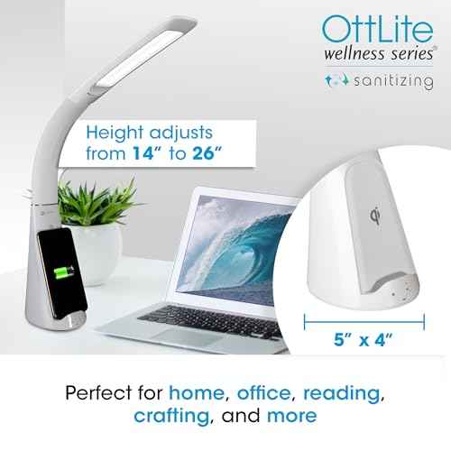 OttLite Purify LED Sanitizing Desk Lamp with Wireless Charging ? Eliminates up to 99.9% of Bacteria, Touch Activated, Flexible Neck, Modern Light for Reading, Crafting & Office Desktop