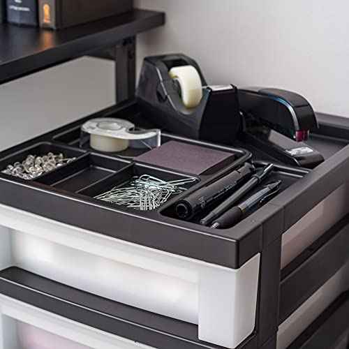 IRIS USA Plastic Drawer Storage Organizer Rolling Cart, 3-Drawers, for Classroom Art Craft Supplies Dresser Closet Bathroom Laundry Room, Black/Pearl