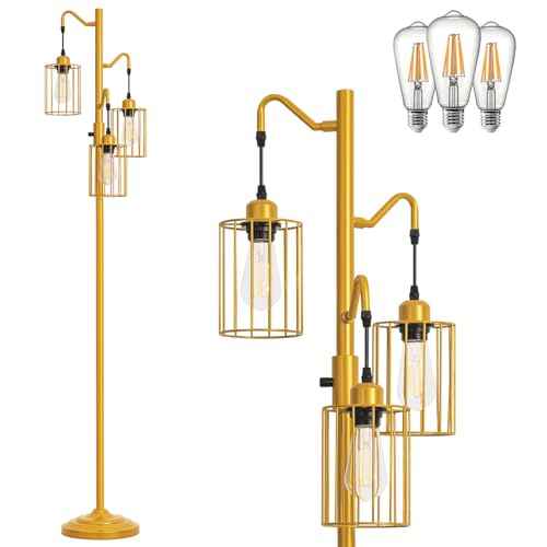 Dimmable Floor Lamp, 3 x 800LM LED Edison Bulbs Included, Standing Lamp, Farmhouse Industrial Vintage Corner Tall Tree Floor Lamps for Living Room Bedroom Office, Gold