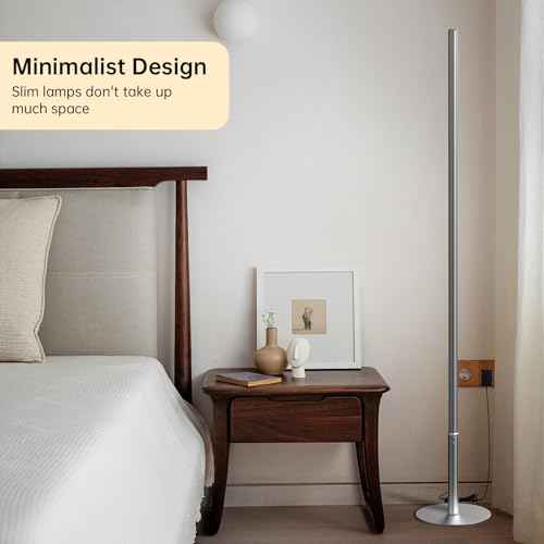 Marlrin Minimalist Corner Floor Lamp 2700K-6500K Dimmable with Remote Control 57.8" Height Metal Slim Ambient Standing LED Light Modern Design Decorative Lamp for Living Room Bedroom (Silver)