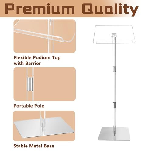 Podium Stand, Lecterns & Podiums, Acrylic Adjustable Angles with Metal Base, Podium for Church, Weddings, Classroom, Speech, 16" L x 12" W x 42.5" H (Clear)