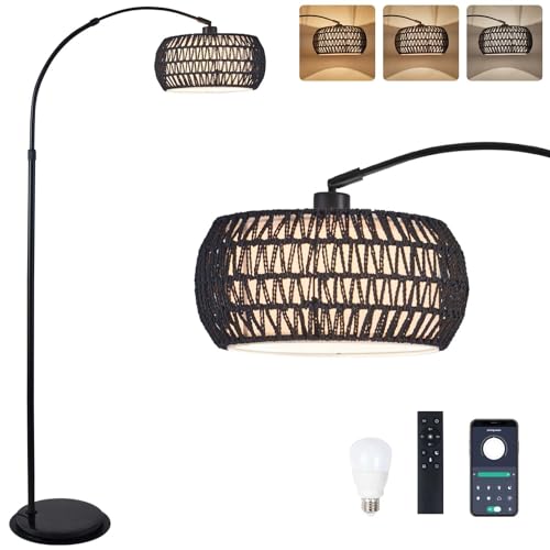 Arc Floor Lamp with Remote App Control Natural Rattan 100% Hand-Woven Dimmable Boho Rattan Floor Lamps with 3 Color Temperature Floor Lamps for Living Room Bedroom Offices(Black)