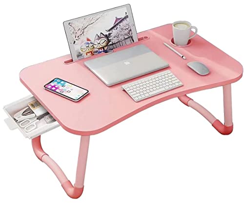 Pink Foldable Laptop Desk Bed Tray with Storage Drawer & Cup Holder