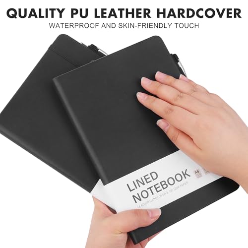 Aodaer 12 Set Lined Notebook Journals with Pens A5 Notebooks 100 GSM College Ruled Hardcover Notebook PU Leather Notepad with Pen Holder for Office School, 5.7 x 8.3 Inches, Black