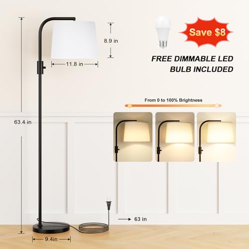 Ambimall Fully Dimmable Floor Lamp - Floor Lamps 9W LED Light Bulbs, Standing Lamps for Living Room with Adjust Head, Modern Standing Light Rotary Switch, Tall Lamp for Bedroom (Black and White)