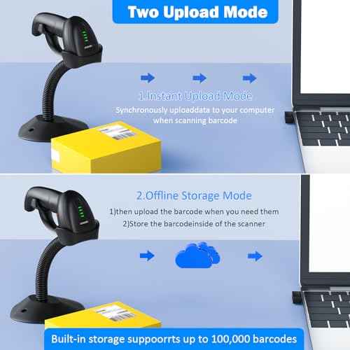 Symcode Barcode Scanner Wireless with Auto-Sensing Stand,Handheld 1D Laser Cordless Bar Code Scanner with Battery Level Indicator and Multiple Scanner to One Receiver