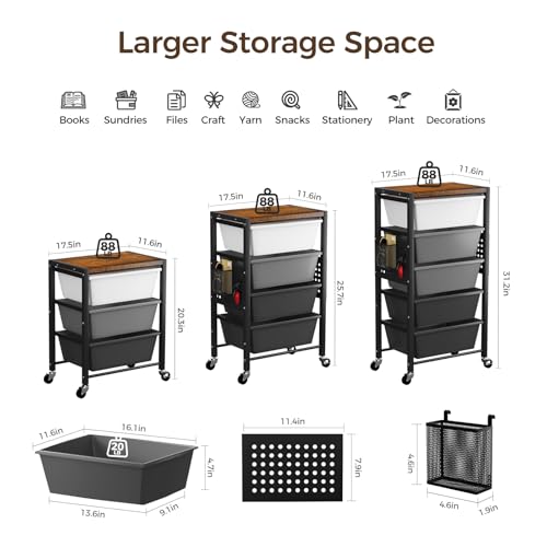 Rolling Cart with 5 Drawers, Plastic Drawer Storage Carts with Wheels & Wooden Tabletop, Metal Utility Cart with Pegboards, Office Living Room Classroom Craft Organization and Storage, Dark Black
