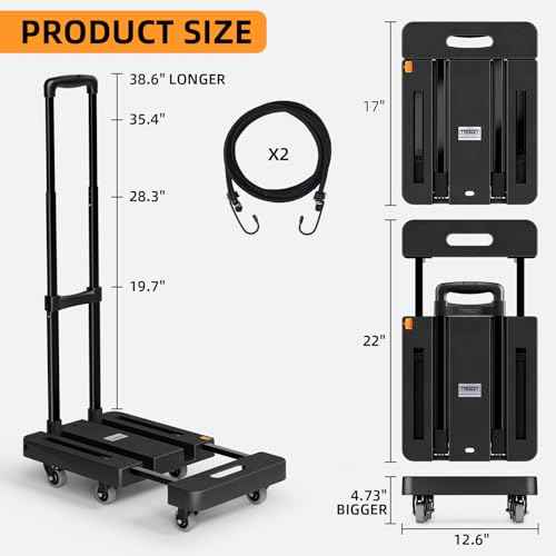 Folding Hand Truck, 500 LB Heavy Duty Luggage Cart, Utility Dolly Platform Cart with 6 Wheels & 2 Elastic Ropes for Luggage, Travel, Moving, Shopping, Office Use, Black