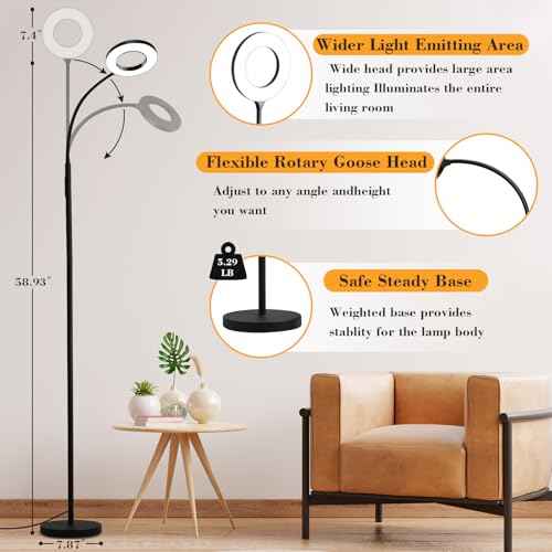 LED Floor Lamp, 12W/1000LM Reading Light, 3 Color Temperatures Bright Floor Lamp, Adjustable Gooseneck Standing Lamp with Remote & Touch Control for Living Room, Bedroom, Office(Black)