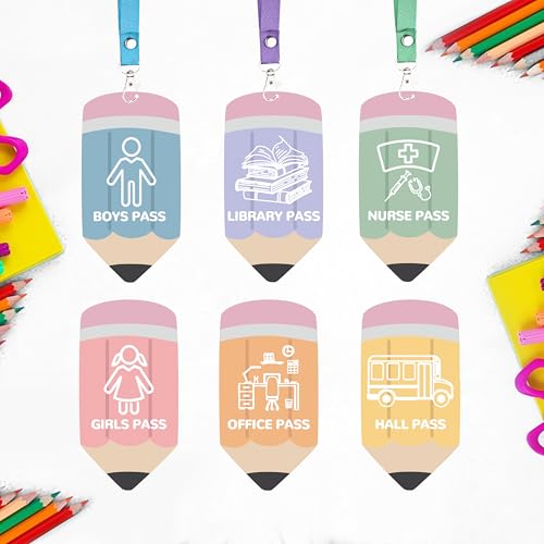 Chambom 6-Pack Wooden Classroom Hall Passes with Lanyards - Durable, Colorful School Passes for Bathroom, Library, Nurse & Office