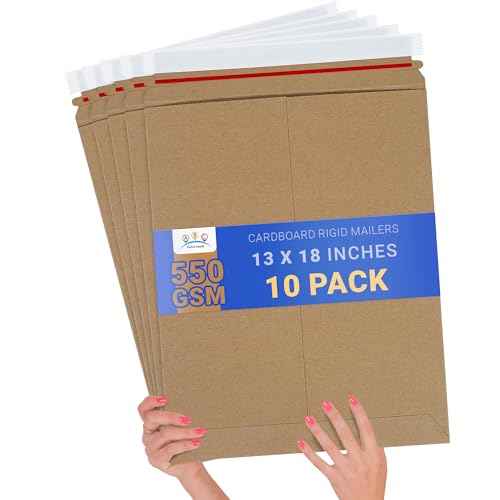 ABC PACK & SUPPLY Brown Rigid Mailers, 13 x 18 Inches. Pack of 10 Photo Mailer Envelopes. Flat Cardboard Mailers Self-Seal. Sturdy Cardboard Photo Envelope. Recyclable Hard Shipping Envelopes