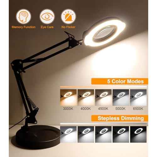 10X Magnifying Glass with Light and Stand, 2 in 1 Real Glass Lens Magnifying Desk Lamp, 5 Color Modes, Brightness Stepless Dimmable LED Lighted Magnifier Hands Free for Repair Craft Close Work