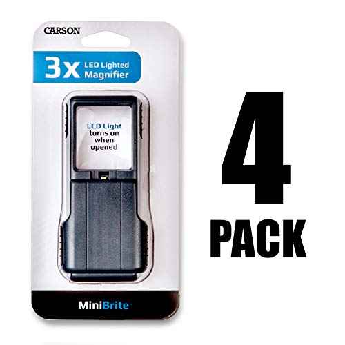 Carson MiniBrite 3x Power LED Lighted Slide-Out Magnifier with Protective Sleeve for Reading, Hobby, Crafts, Inspection and Tasks - Set of 4