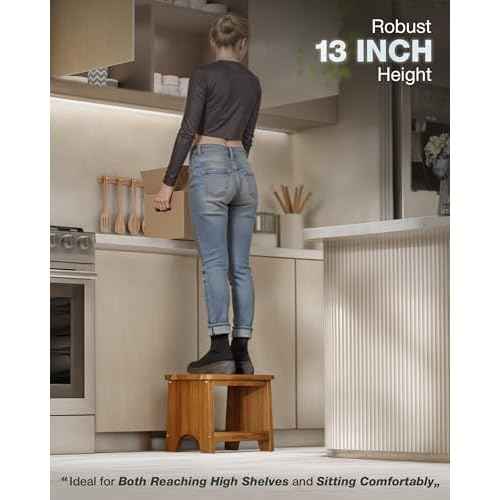 Wooden Step Stool, 13'' Heavy Duty Stepping Stool for Adults with Handle, Nonslip & Durable Design Supports up to 500lbs for Bedroom or Kitchen