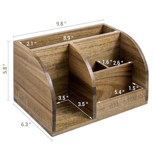 MyGift Premium Acacia Solid Wood Desk Organizer, Rustic Wooden Office Supplies Table Caddy with Mail Sorter, Sticky Note Holder, 2 Slot Pen Storage, and Accessories Tray